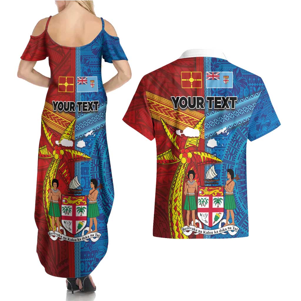 Personalised Fiji and Rotuma Together Couples Matching Summer Maxi Dress and Hawaiian Shirt Tapa and Pacific Art Pattern with Cultural Emblems Half Style