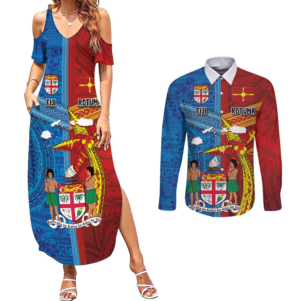 Personalised Fiji and Rotuma Together Couples Matching Summer Maxi Dress and Long Sleeve Button Shirt Tapa and Pacific Art Pattern with Cultural Emblems Half Style