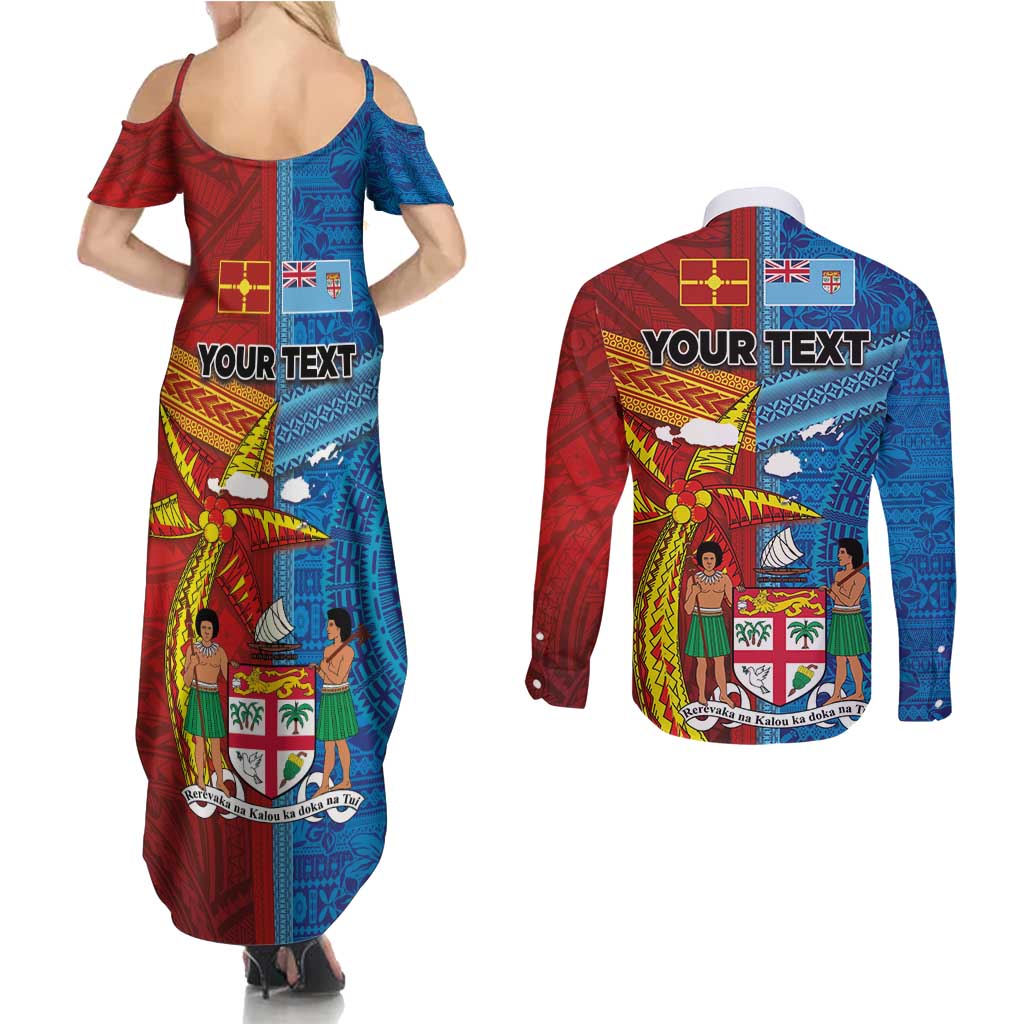 Personalised Fiji and Rotuma Together Couples Matching Summer Maxi Dress and Long Sleeve Button Shirt Tapa and Pacific Art Pattern with Cultural Emblems Half Style
