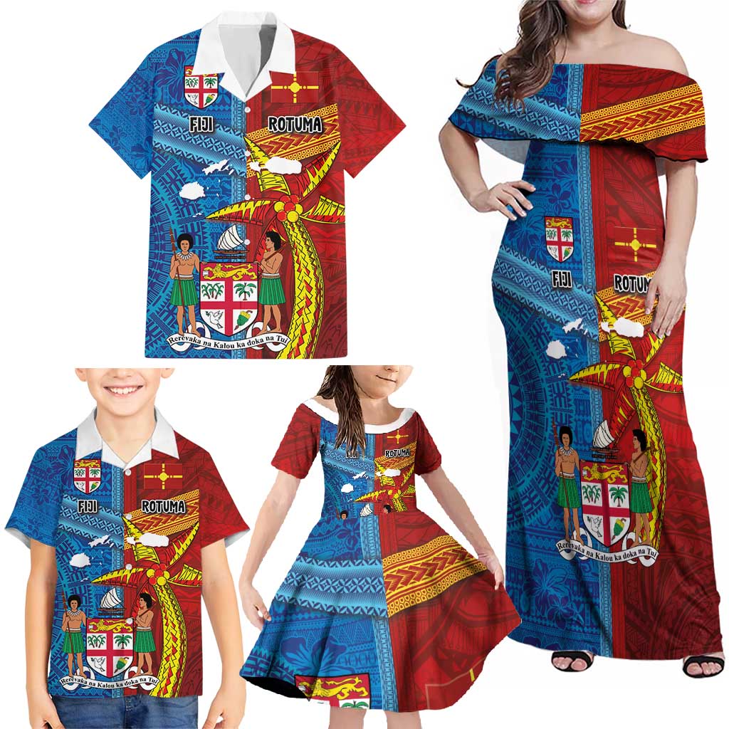 Personalised Fiji and Rotuma Together Family Matching Off Shoulder Maxi Dress and Hawaiian Shirt Tapa and Pacific Art Pattern with Cultural Emblems Half Style