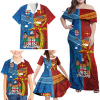 Personalised Fiji and Rotuma Together Family Matching Off Shoulder Maxi Dress and Hawaiian Shirt Tapa and Pacific Art Pattern with Cultural Emblems Half Style