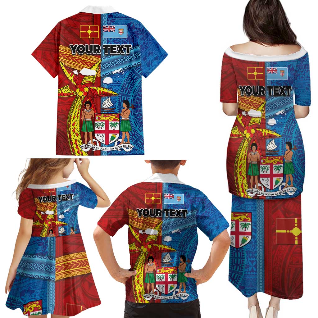 Personalised Fiji and Rotuma Together Family Matching Puletasi and Hawaiian Shirt Tapa and Pacific Art Pattern with Cultural Emblems Half Style