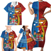 Personalised Fiji and Rotuma Together Family Matching Short Sleeve Bodycon Dress and Hawaiian Shirt Tapa and Pacific Art Pattern with Cultural Emblems Half Style