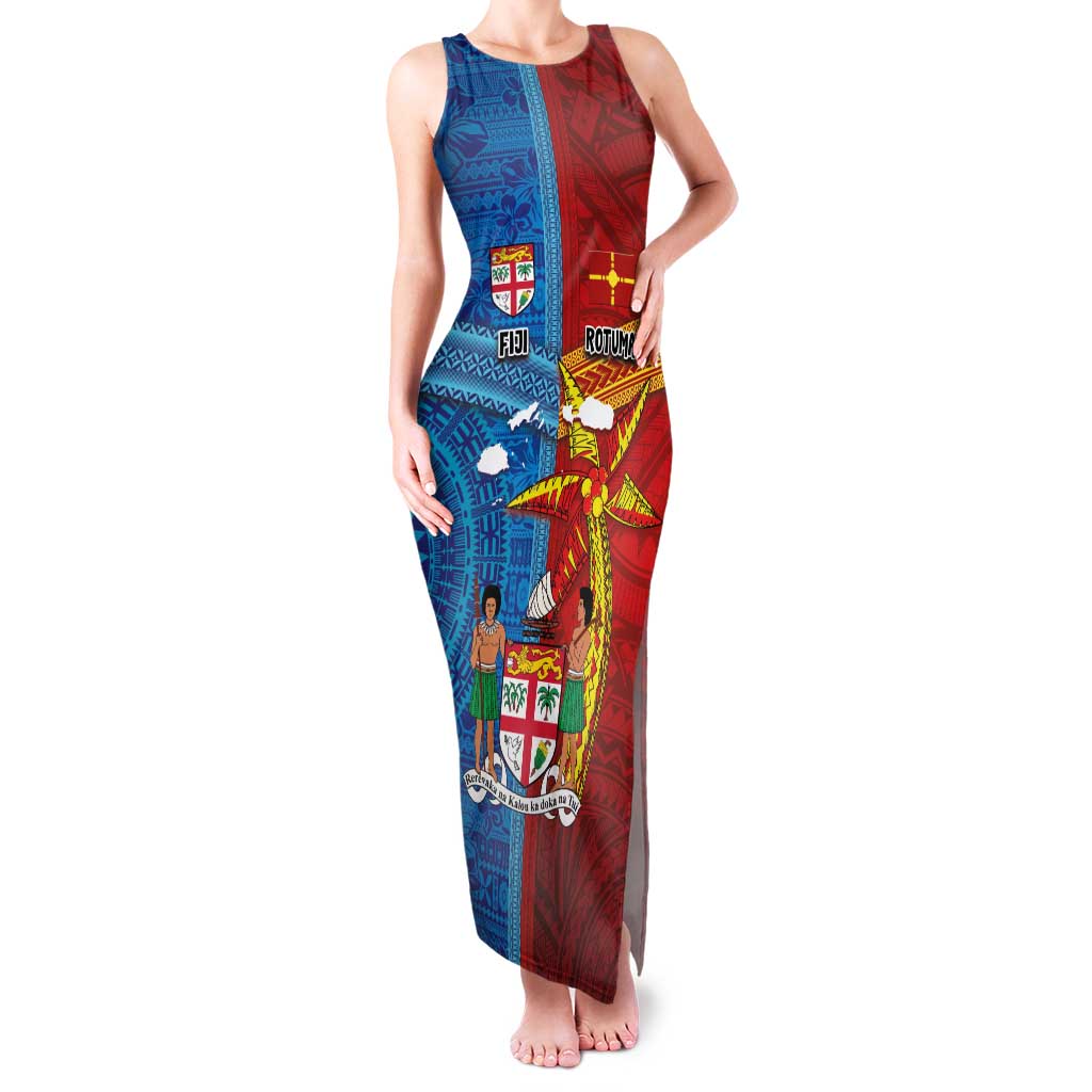 Personalised Fiji and Rotuma Together Family Matching Tank Maxi Dress and Hawaiian Shirt Tapa and Pacific Art Pattern with Cultural Emblems Half Style