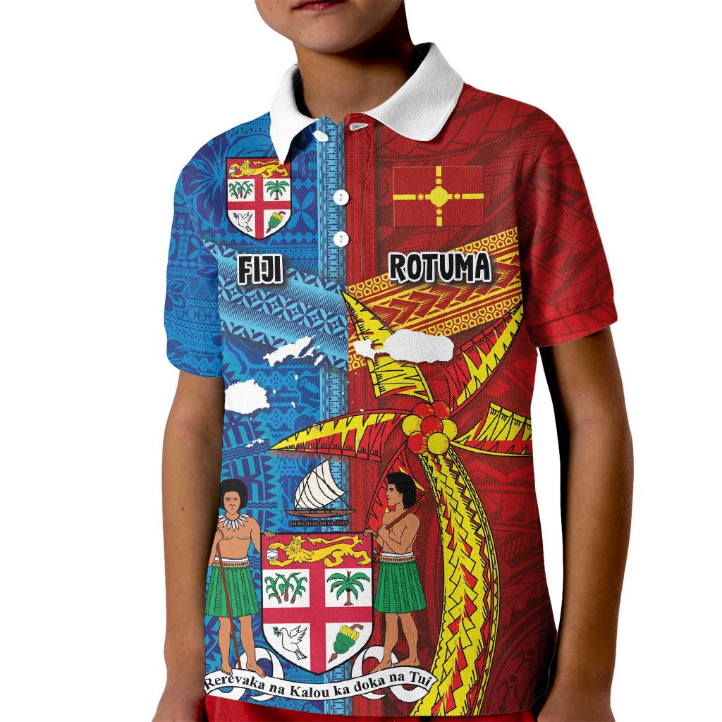 Personalised Fiji and Rotuma Together Kid Polo Shirt Tapa and Pacific Art Pattern with Cultural Emblems Half Style