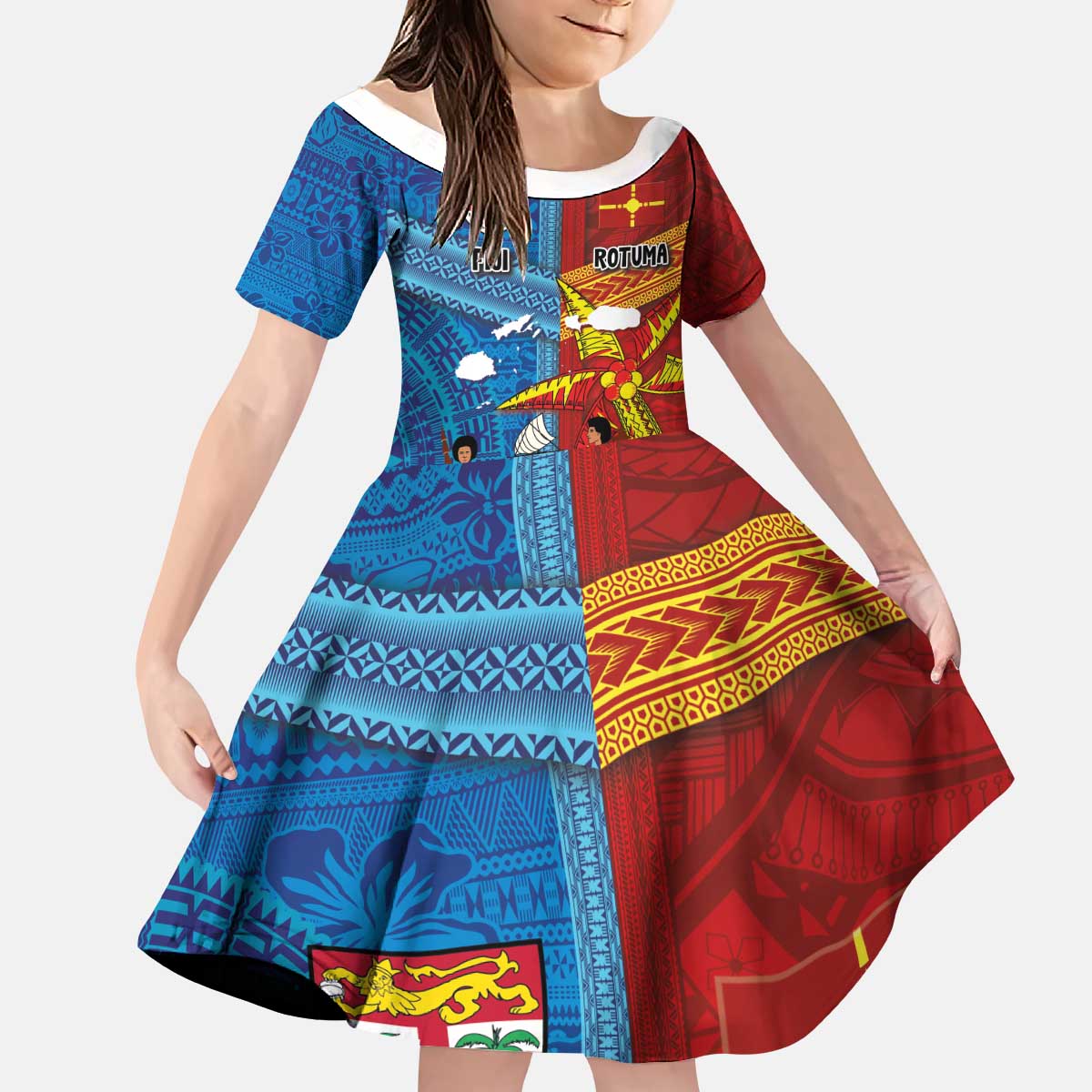 Personalised Fiji and Rotuma Together Kid Short Sleeve Dress Tapa and Pacific Art Pattern with Cultural Emblems Half Style