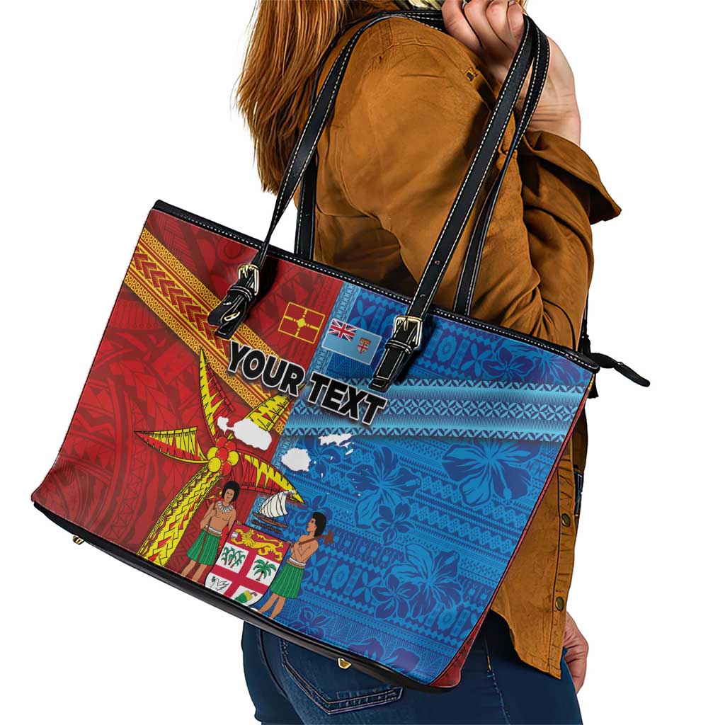 Personalised Fiji and Rotuma Together Leather Tote Bag Tapa and Pacific Art Pattern with Cultural Emblems Half Style