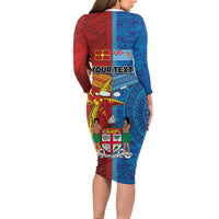 Personalised Fiji and Rotuma Together Long Sleeve Bodycon Dress Tapa and Pacific Art Pattern with Cultural Emblems Half Style