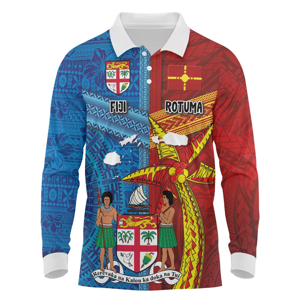 Personalised Fiji and Rotuma Together Long Sleeve Polo Shirt Tapa and Pacific Art Pattern with Cultural Emblems Half Style