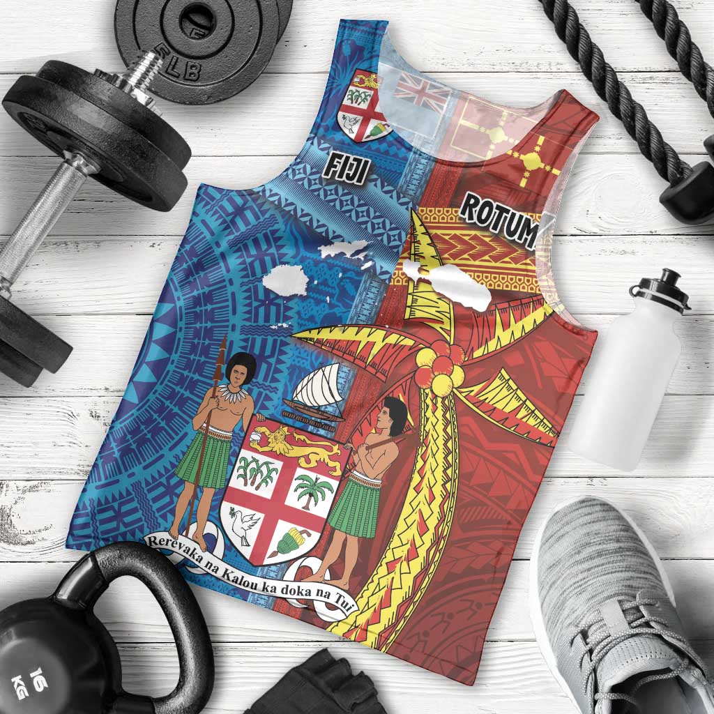 Personalised Fiji and Rotuma Together Men Tank Top Tapa and Pacific Art Pattern with Cultural Emblems Half Style