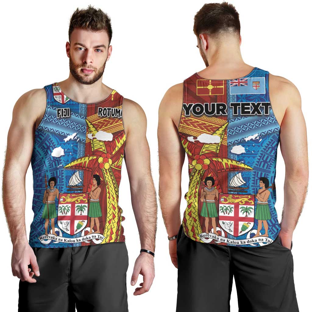 Personalised Fiji and Rotuma Together Men Tank Top Tapa and Pacific Art Pattern with Cultural Emblems Half Style
