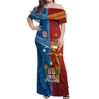 Personalised Fiji and Rotuma Together Off Shoulder Maxi Dress Tapa and Pacific Art Pattern with Cultural Emblems Half Style