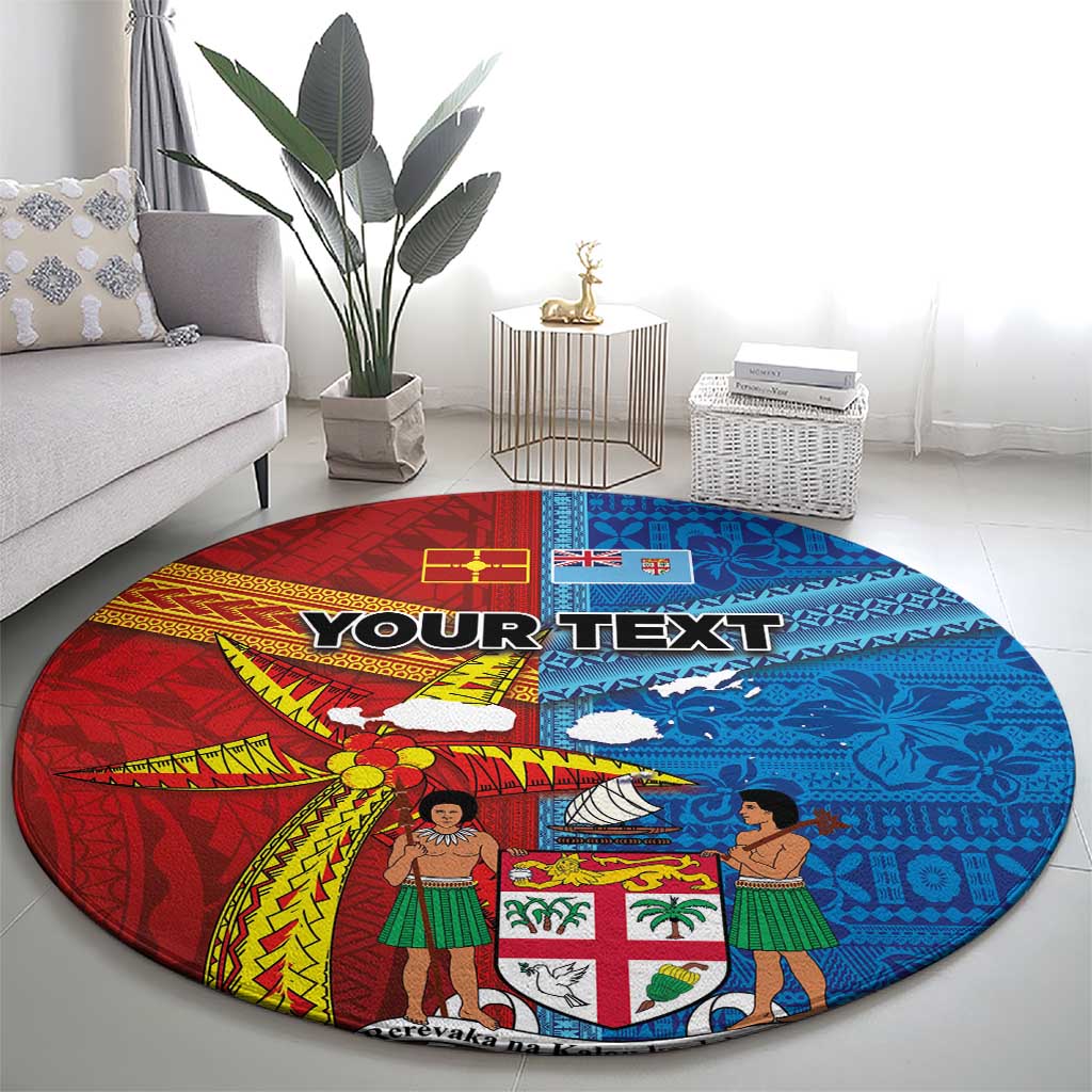 Personalised Fiji and Rotuma Together Round Carpet Tapa and Pacific Art Pattern with Cultural Emblems Half Style