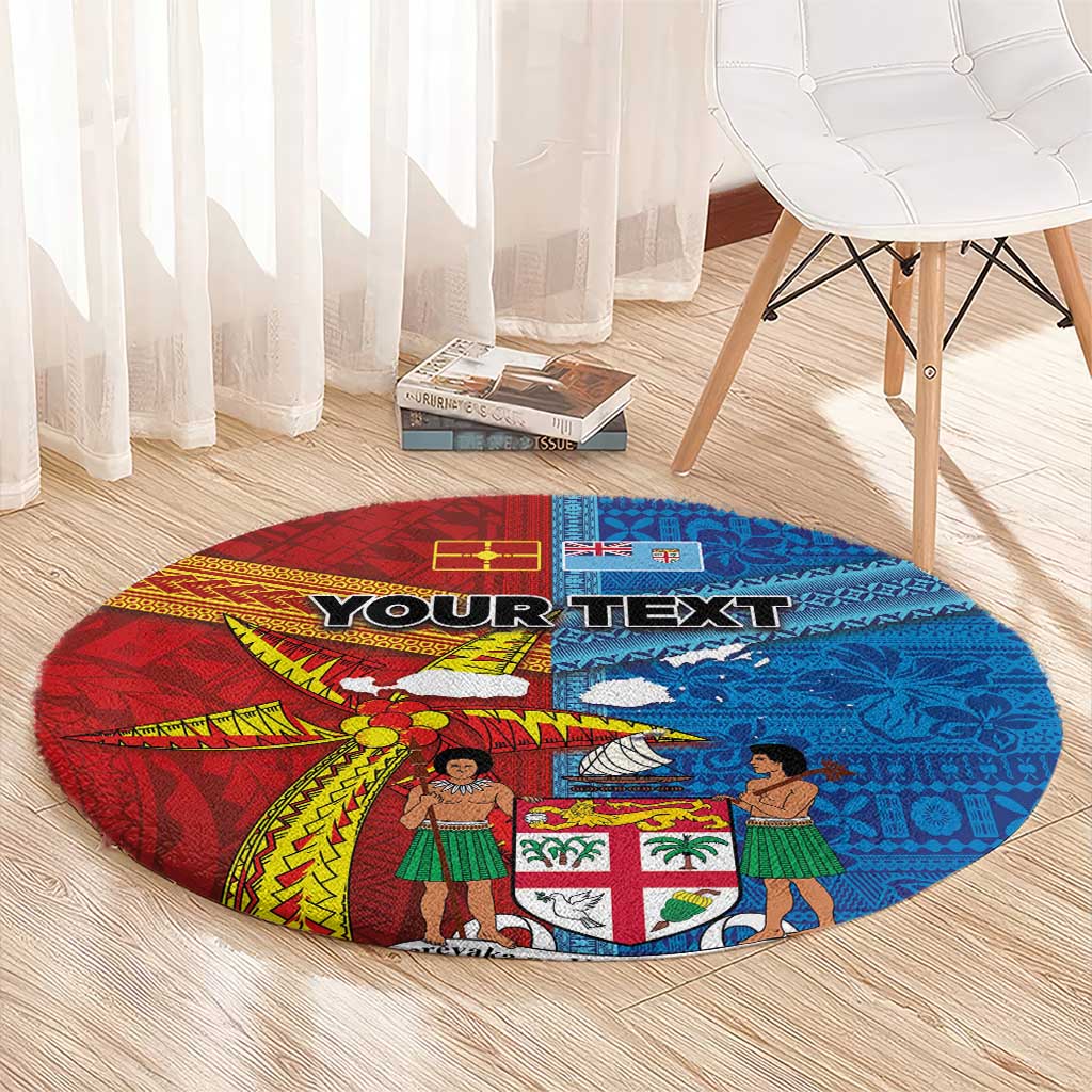 Personalised Fiji and Rotuma Together Round Carpet Tapa and Pacific Art Pattern with Cultural Emblems Half Style
