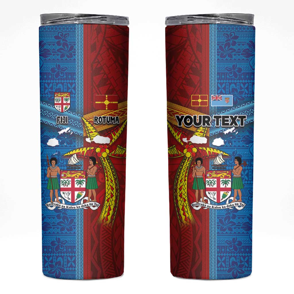 Personalised Fiji and Rotuma Together Skinny Tumbler Tapa and Pacific Art Pattern with Cultural Emblems Half Style