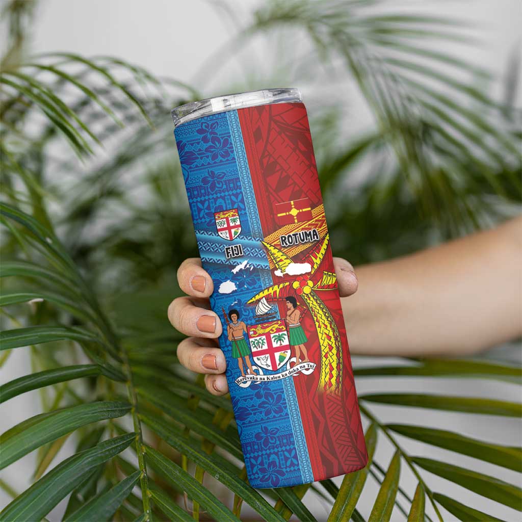 Personalised Fiji and Rotuma Together Skinny Tumbler Tapa and Pacific Art Pattern with Cultural Emblems Half Style