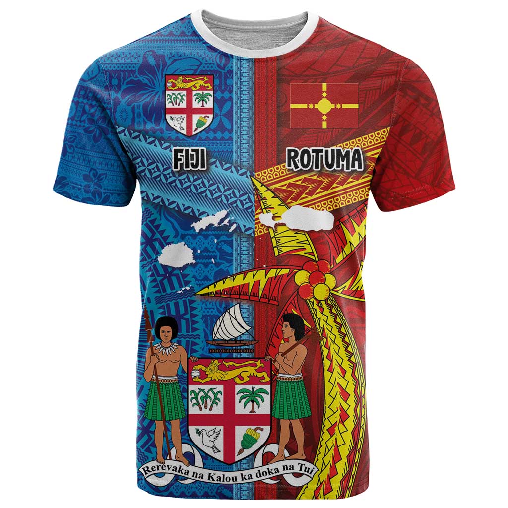 Personalised Fiji and Rotuma Together T Shirt Tapa and Pacific Art Pattern with Cultural Emblems Half Style