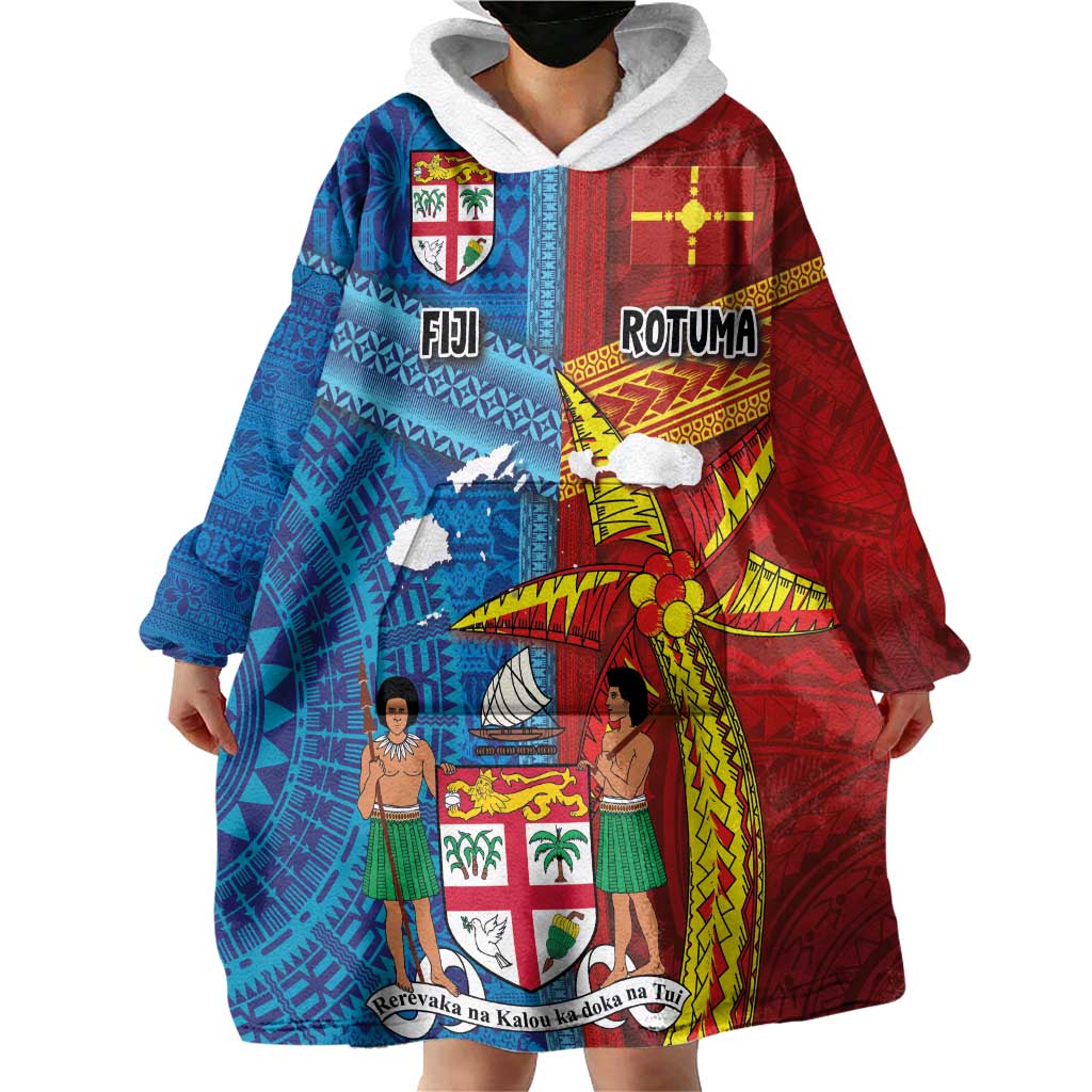Personalised Fiji and Rotuma Together Wearable Blanket Hoodie Tapa and Pacific Art Pattern with Cultural Emblems Half Style