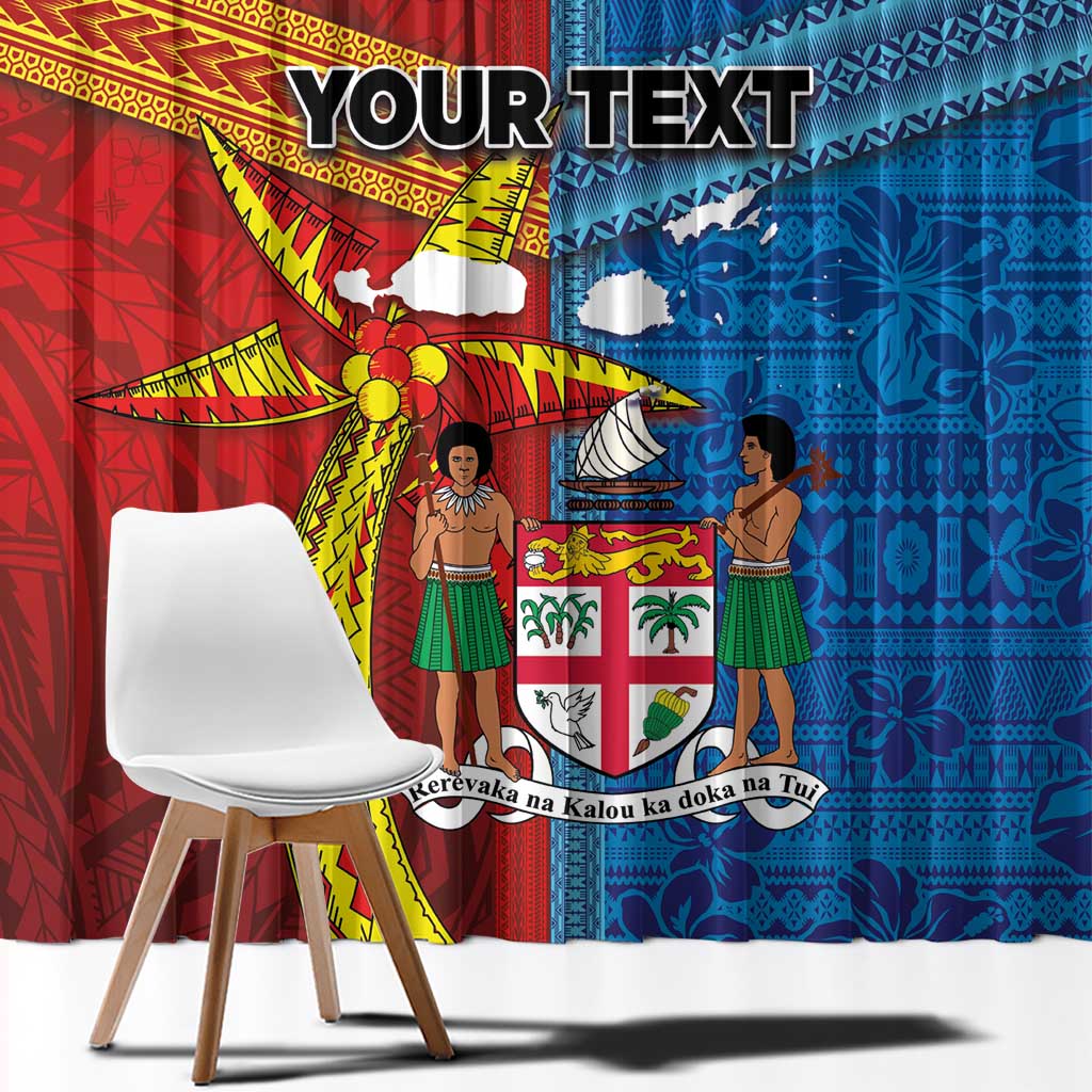 Personalised Fiji and Rotuma Together Window Curtain Tapa and Pacific Art Pattern with Cultural Emblems Half Style