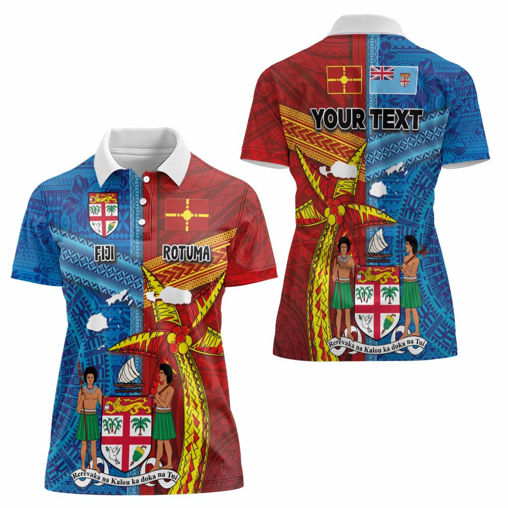 Personalised Fiji and Rotuma Together Women Polo Shirt Tapa and Pacific Art Pattern with Cultural Emblems Half Style