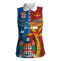 Personalised Fiji and Rotuma Together Women Sleeveless Polo Shirt Tapa and Pacific Art Pattern with Cultural Emblems Half Style