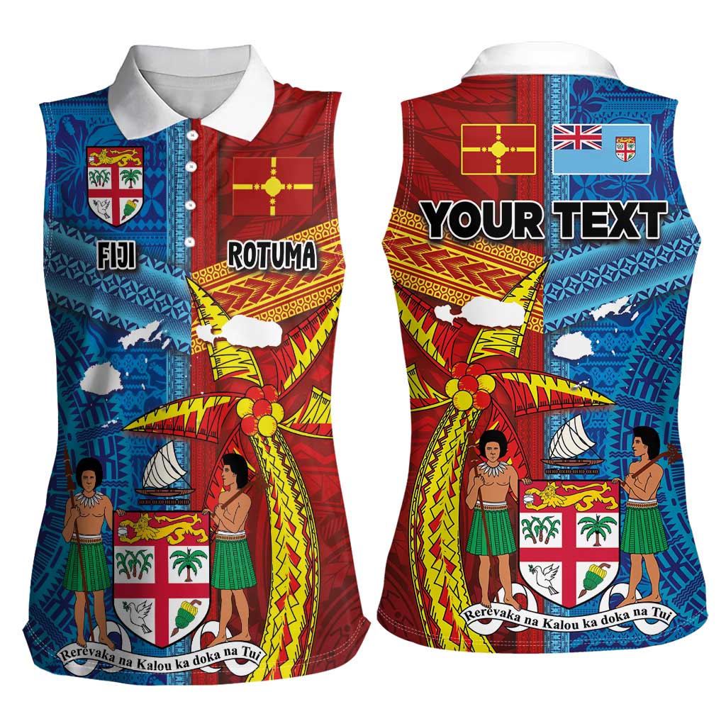 Personalised Fiji and Rotuma Together Women Sleeveless Polo Shirt Tapa and Pacific Art Pattern with Cultural Emblems Half Style
