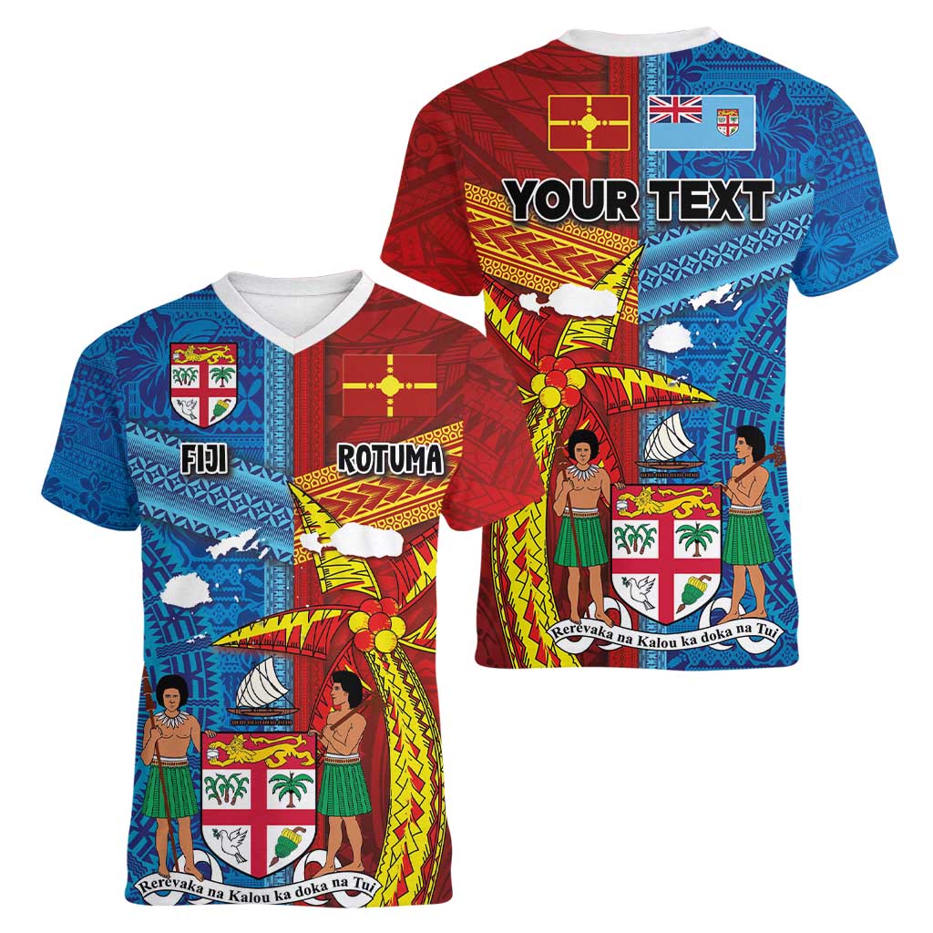 Personalised Fiji and Rotuma Together Women V-Neck T-Shirt Tapa and Pacific Art Pattern with Cultural Emblems Half Style