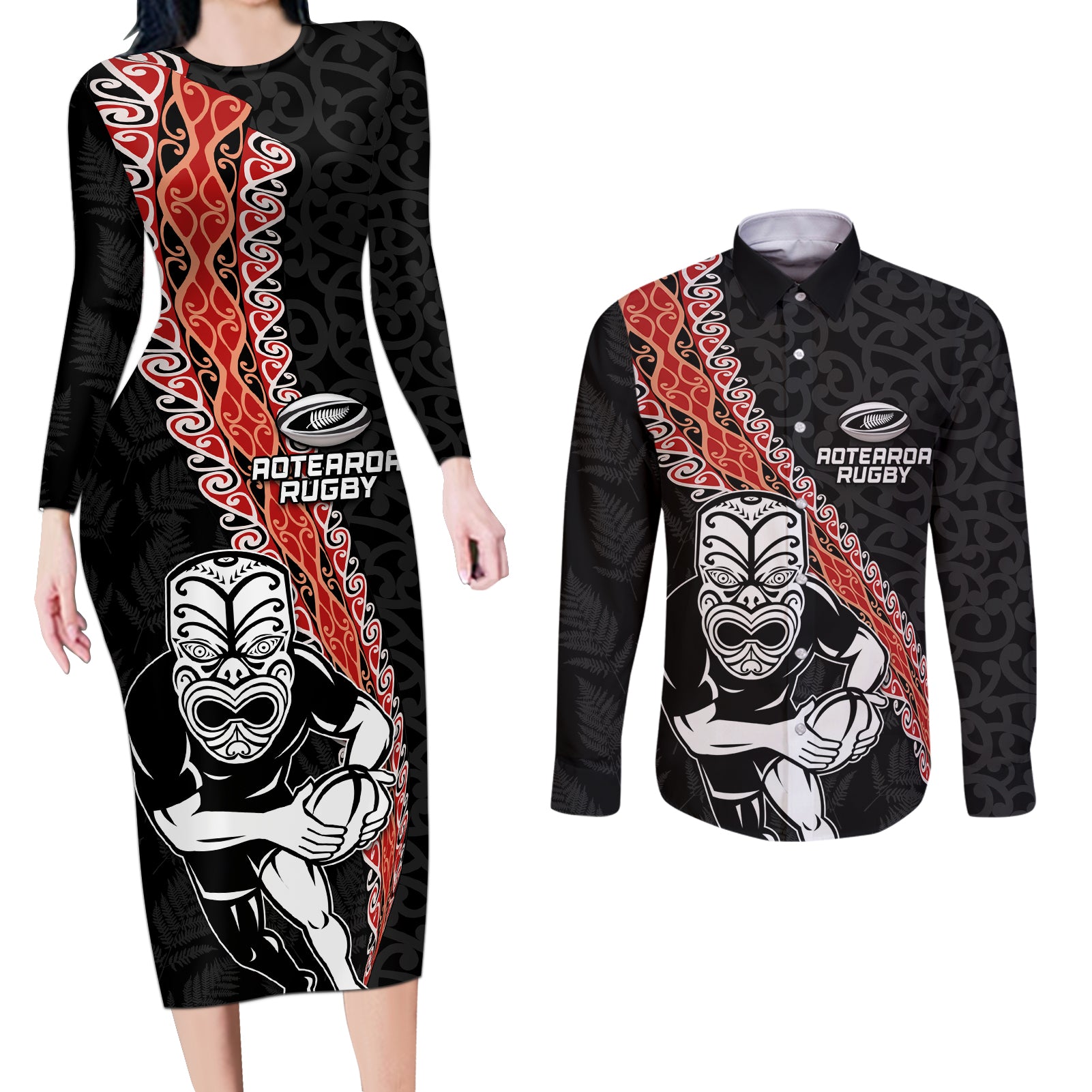 New Zealand Maori Warrior Rugby Couples Matching Long Sleeve Bodycon Dress and Long Sleeve Button Shirt Maori and Silver Fern Half Style