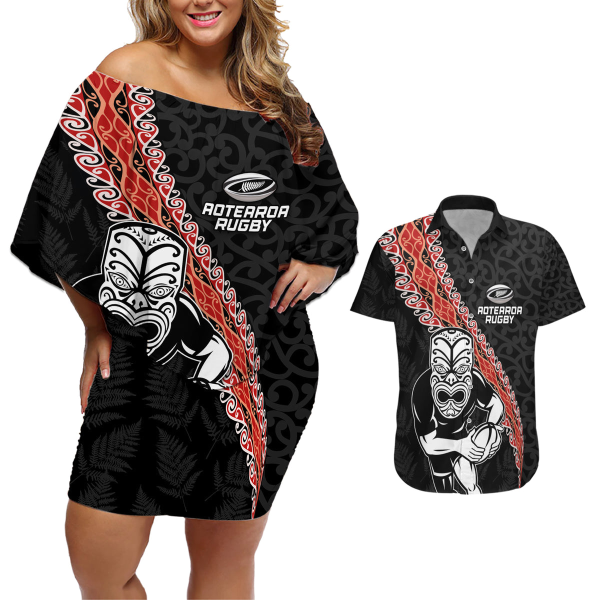 New Zealand Maori Warrior Rugby Couples Matching Off Shoulder Short Dress and Hawaiian Shirt Maori and Silver Fern Half Style