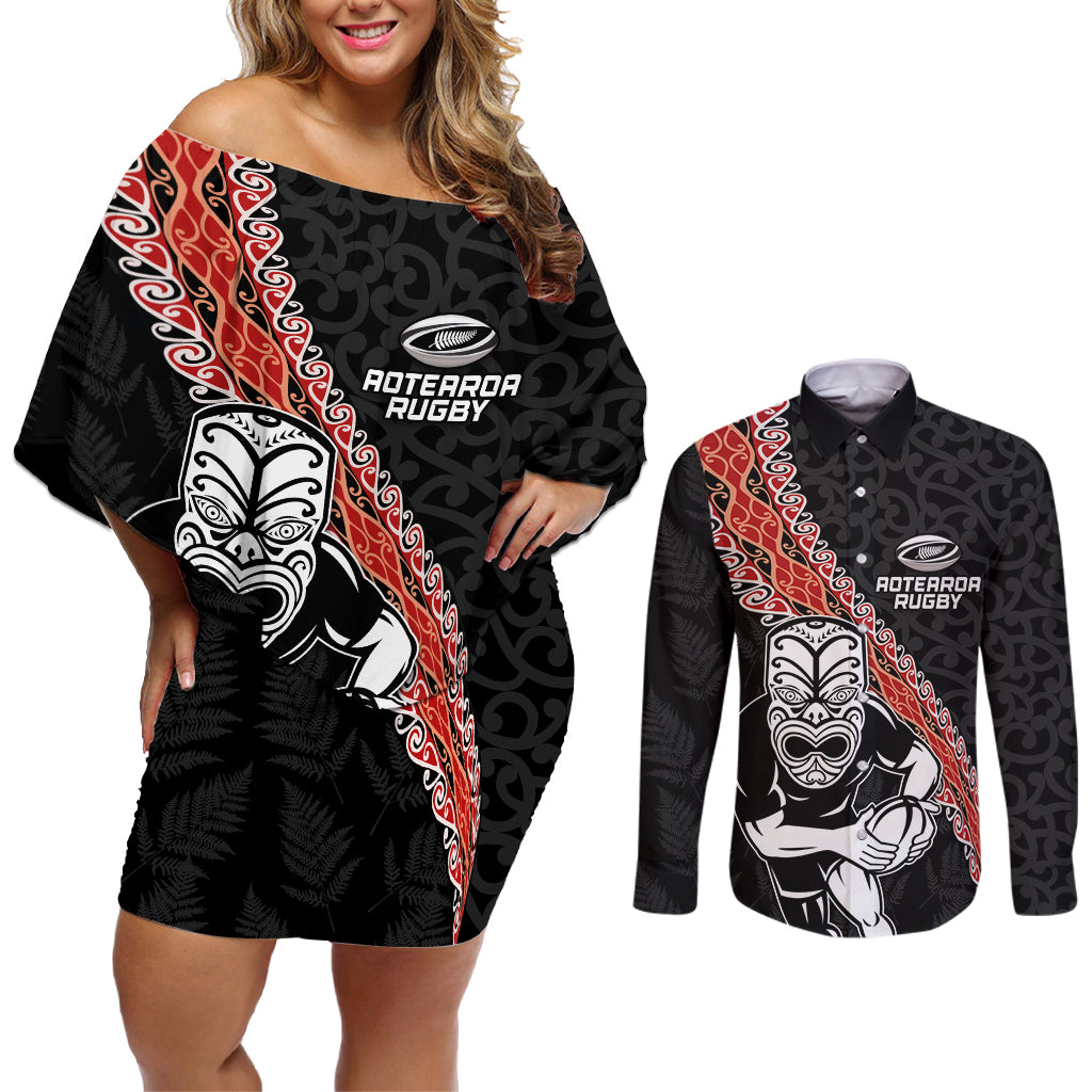 New Zealand Maori Warrior Rugby Couples Matching Off Shoulder Short Dress and Long Sleeve Button Shirt Maori and Silver Fern Half Style