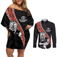 New Zealand Maori Warrior Rugby Couples Matching Off Shoulder Short Dress and Long Sleeve Button Shirt Maori and Silver Fern Half Style