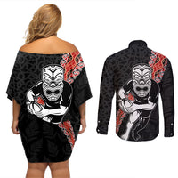 New Zealand Maori Warrior Rugby Couples Matching Off Shoulder Short Dress and Long Sleeve Button Shirt Maori and Silver Fern Half Style