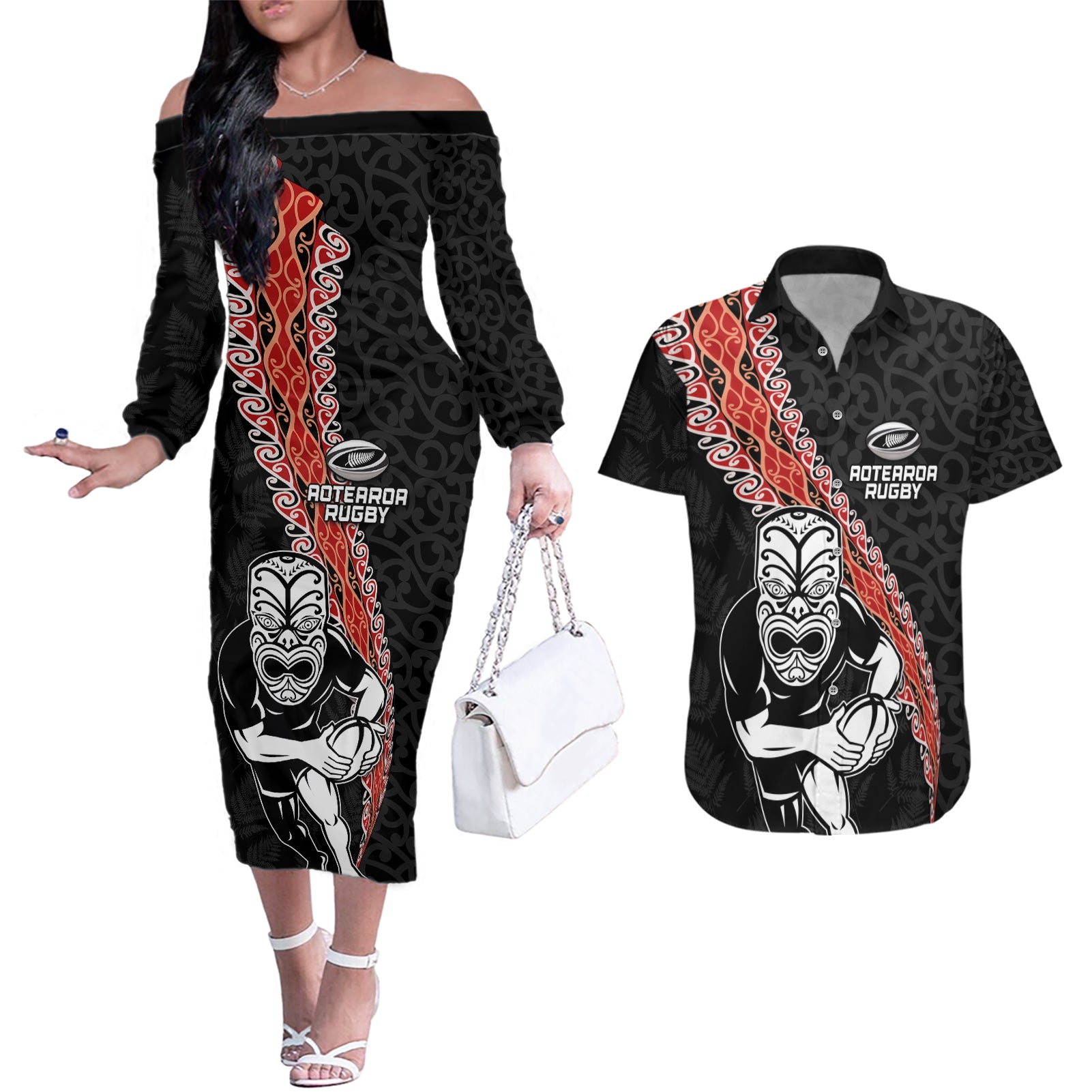 New Zealand Maori Warrior Rugby Couples Matching Off The Shoulder Long Sleeve Dress and Hawaiian Shirt Maori and Silver Fern Half Style