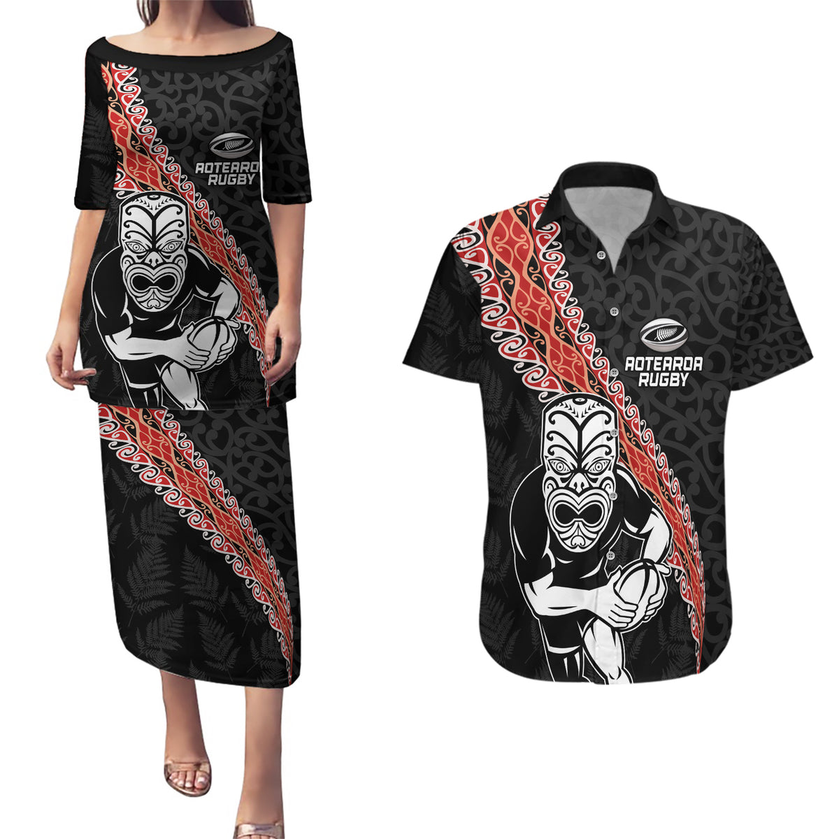 New Zealand Maori Warrior Rugby Couples Matching Puletasi and Hawaiian Shirt Maori and Silver Fern Half Style