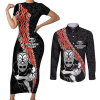 New Zealand Maori Warrior Rugby Couples Matching Short Sleeve Bodycon Dress and Long Sleeve Button Shirt Maori and Silver Fern Half Style