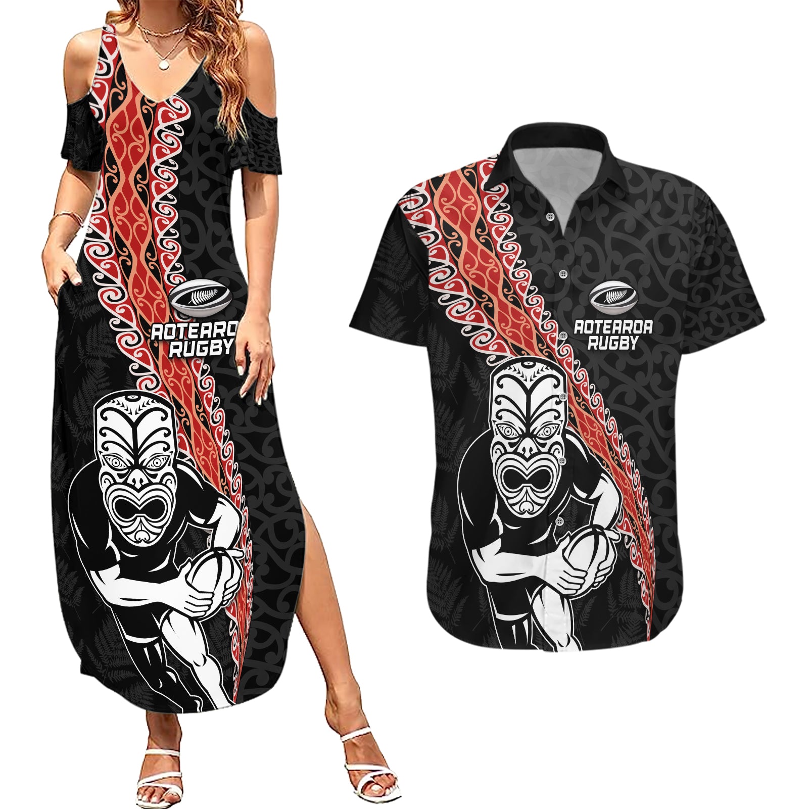 New Zealand Maori Warrior Rugby Couples Matching Summer Maxi Dress and Hawaiian Shirt Maori and Silver Fern Half Style