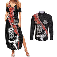 New Zealand Maori Warrior Rugby Couples Matching Summer Maxi Dress and Long Sleeve Button Shirt Maori and Silver Fern Half Style