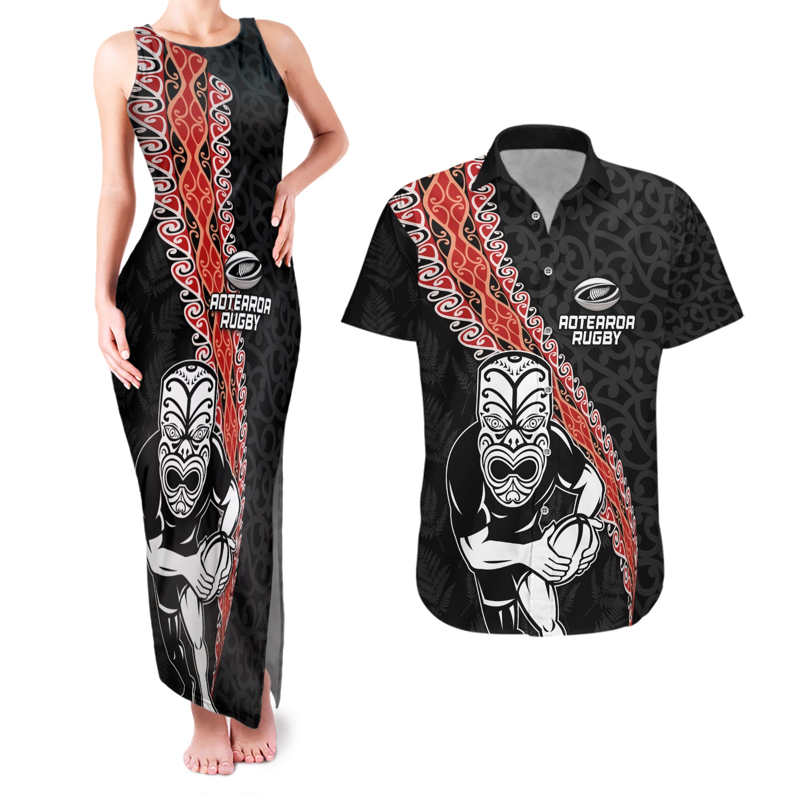 New Zealand Maori Warrior Rugby Couples Matching Tank Maxi Dress and Hawaiian Shirt Maori and Silver Fern Half Style