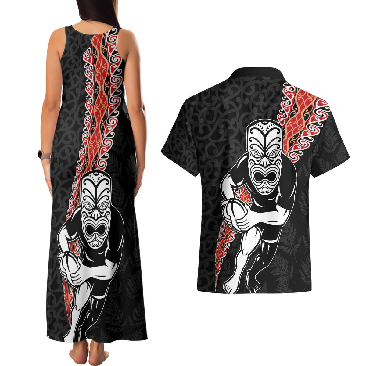 New Zealand Maori Warrior Rugby Couples Matching Tank Maxi Dress and Hawaiian Shirt Maori and Silver Fern Half Style