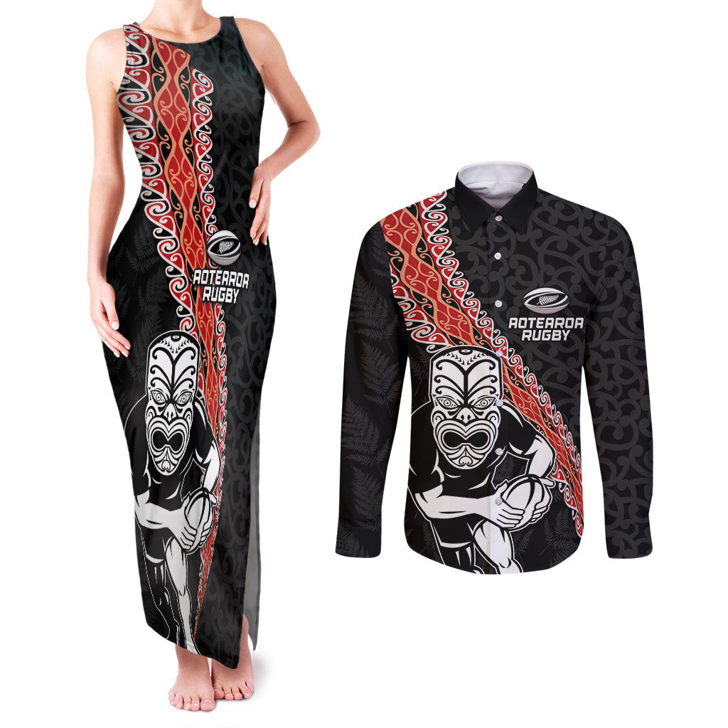 New Zealand Maori Warrior Rugby Couples Matching Tank Maxi Dress and Long Sleeve Button Shirt Maori and Silver Fern Half Style