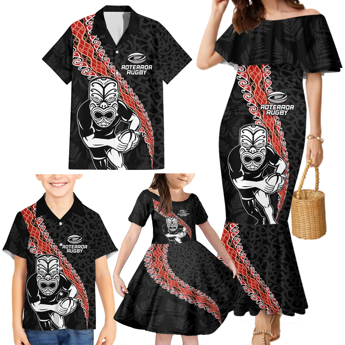 New Zealand Maori Warrior Rugby Family Matching Mermaid Dress and Hawaiian Shirt Maori and Silver Fern Half Style