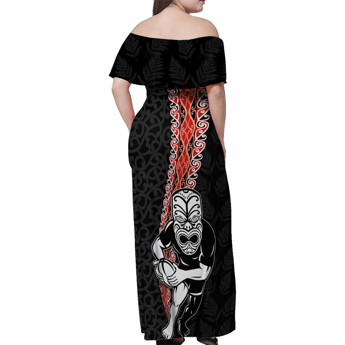 New Zealand Maori Warrior Rugby Family Matching Off Shoulder Maxi Dress and Hawaiian Shirt Maori and Silver Fern Half Style