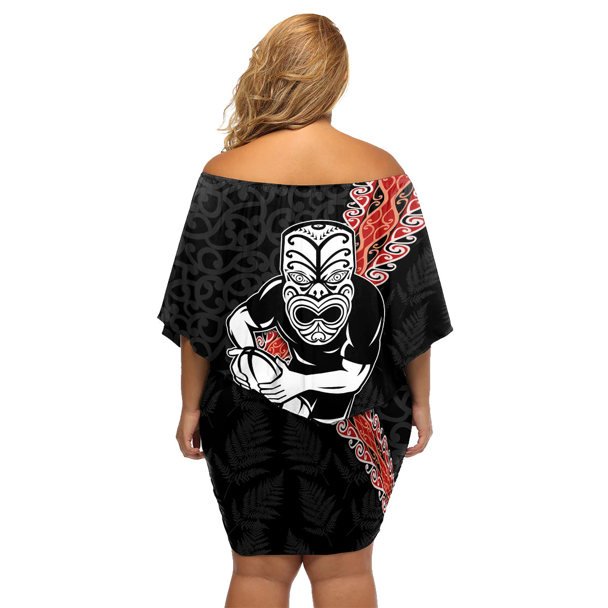 New Zealand Maori Warrior Rugby Family Matching Off Shoulder Short Dress and Hawaiian Shirt Maori and Silver Fern Half Style