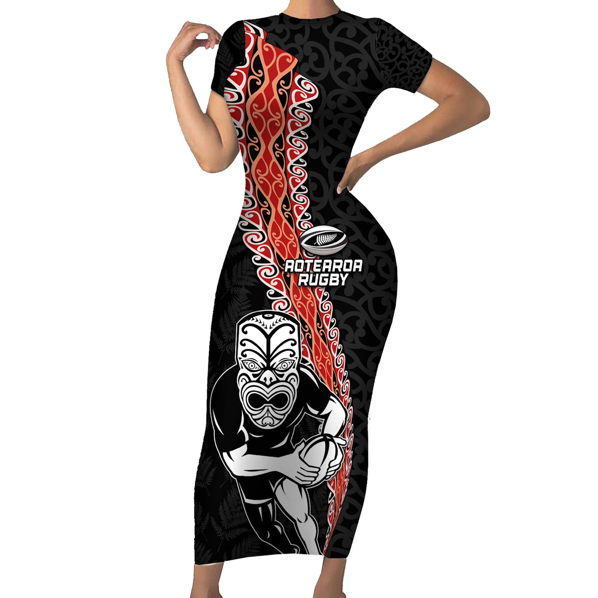 New Zealand Maori Warrior Rugby Family Matching Short Sleeve Bodycon Dress and Hawaiian Shirt Maori and Silver Fern Half Style