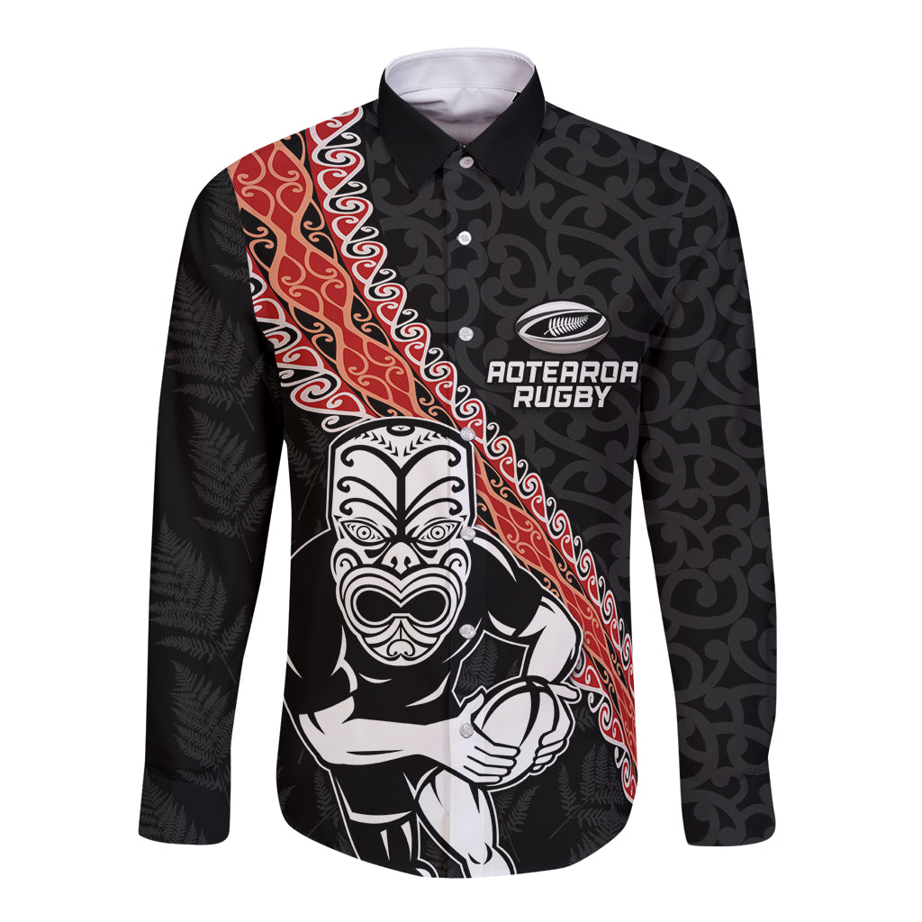 New Zealand Maori Warrior Rugby Long Sleeve Button Shirt Maori and Silver Fern Half Style