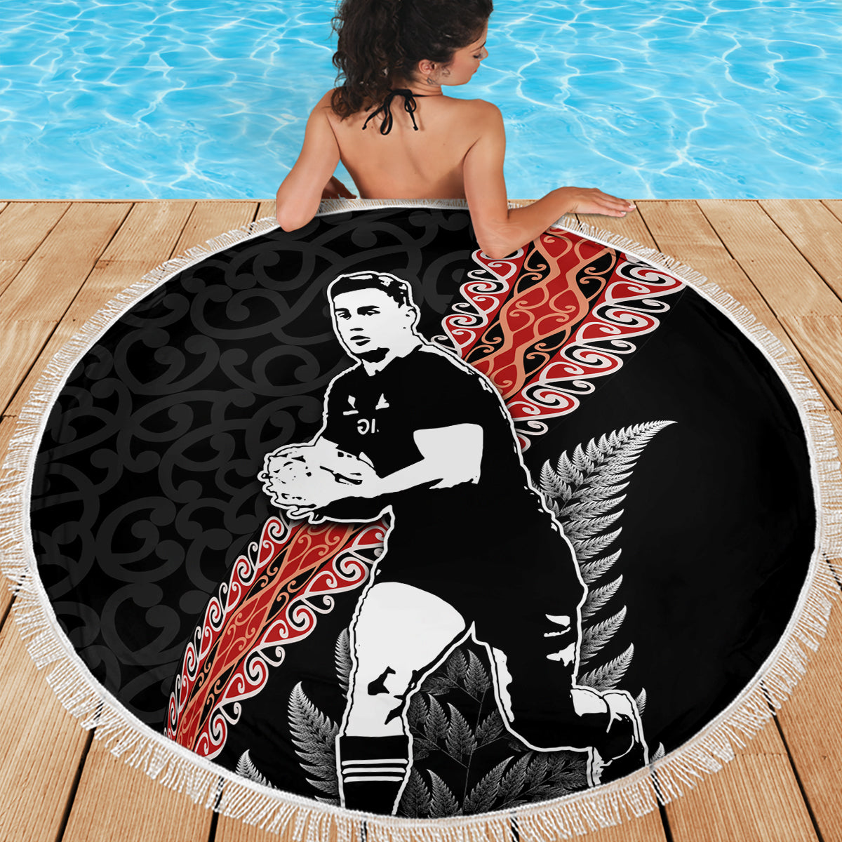 New Zealand Maori Rugby Player Beach Blanket Maori and Silver Fern Half Style