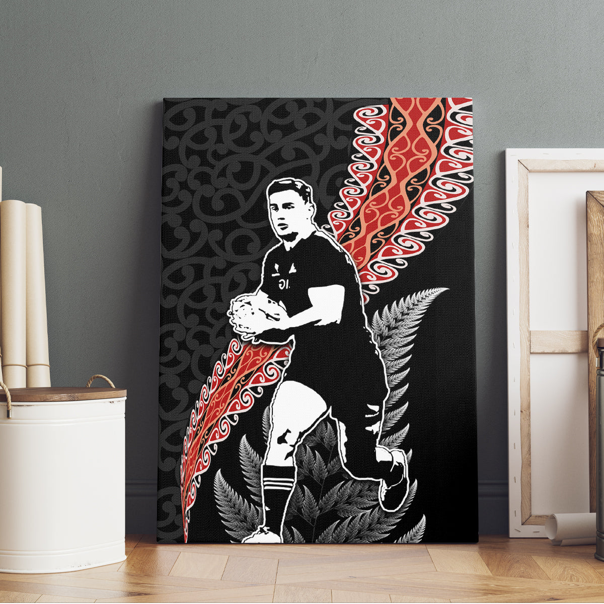New Zealand Maori Rugby Player Canvas Wall Art Maori and Silver Fern Half Style