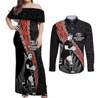 New Zealand Maori Rugby Player Couples Matching Off Shoulder Maxi Dress and Long Sleeve Button Shirt Maori and Silver Fern Half Style