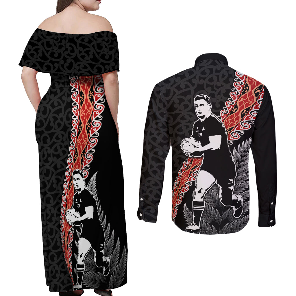 New Zealand Maori Rugby Player Couples Matching Off Shoulder Maxi Dress and Long Sleeve Button Shirt Maori and Silver Fern Half Style