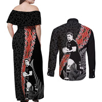New Zealand Maori Rugby Player Couples Matching Off Shoulder Maxi Dress and Long Sleeve Button Shirt Maori and Silver Fern Half Style